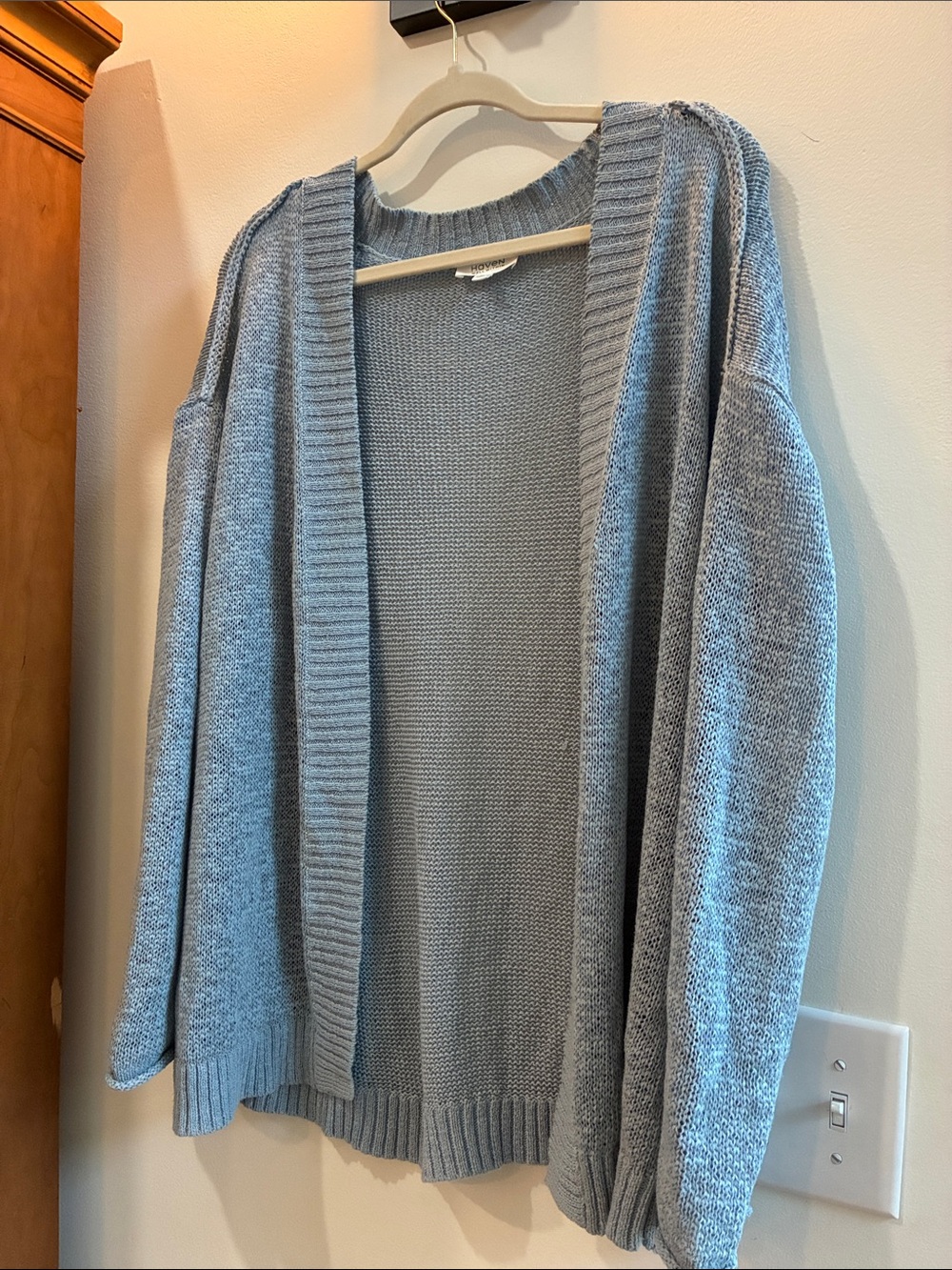 Haven XL organic linen cotton nylon slate blue Open-Front Knit Cardigan worn 1x